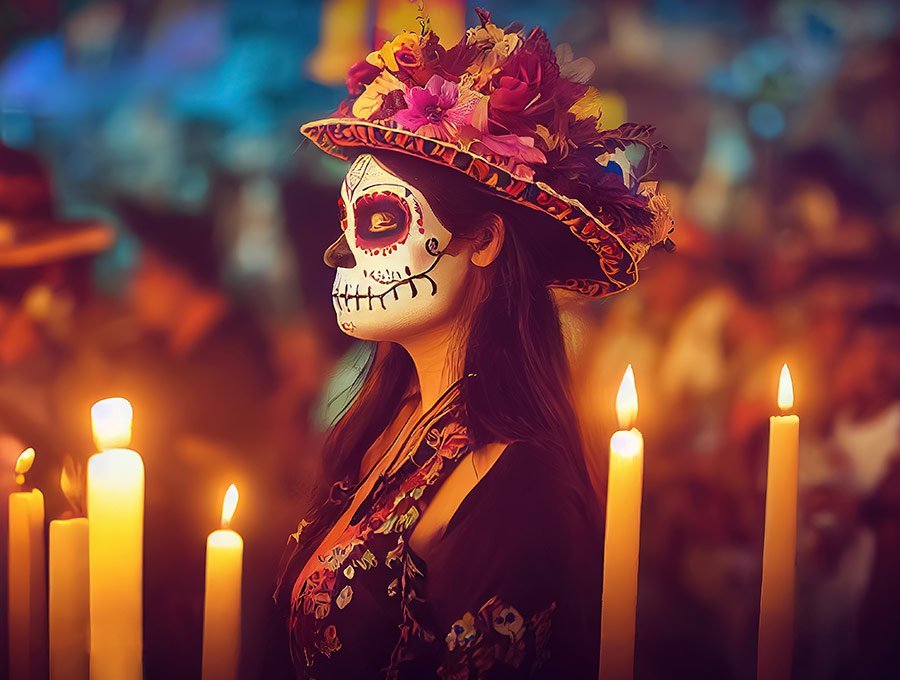 Mujer con cara pintada de calavera en el Día de los Muertos.