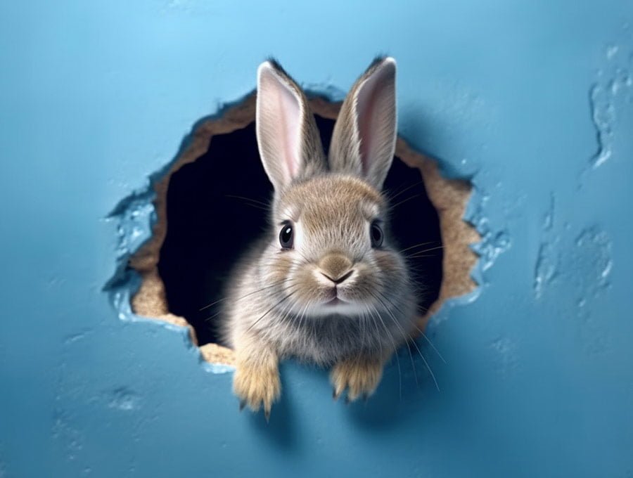 Conejo saliendo del agujero de la pared azul.